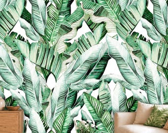 Martinique Banana Leaf Wallpaper Green, Removable Peel and Stick Prepasted, Modern Tropical Decor, Large Botanical Wallpaper for Classroom