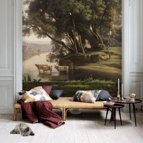 River Landscape Oil Painting Mural Wallpaper Peel and Stick, Vintage Still Life Painting Removable Wallpaper Antique Victorian Painting #181