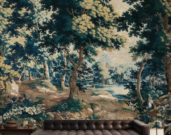 Antique French Verdure Tapestry Wall Mural, Woodland Forest Landscape Wallpaper, Peel and Stick or Vinyl, Old World Decor, Custom Size