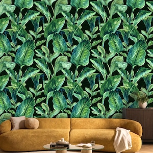 Emerald Green Banana Leaf Wall Mural Black Background Seamless Repeat Pattern Removable Peel and Stick Wallpaper on Etsy