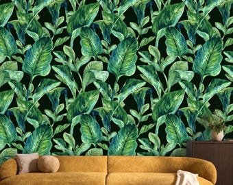 Black Green Banana Leaf Wall Mural, Removable Peel and Stick Prepasted, Boho Goth Decor, Dark Botanical Wallpaper for Witchy Bedroom