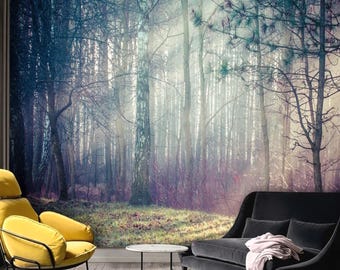 Dreamy Forest Wall Mural Landscape, Removable Peel and Stick Prepasted, Ethereal Decor, Foggy Trees Photo Mural Bedroom Wallpaper Navy Blue