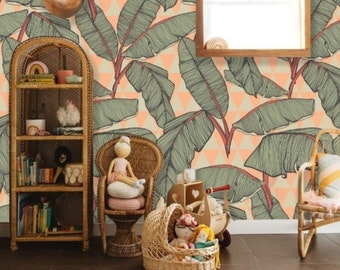 Papel tapiz geométrico con hojas de plátano verde melocotón, extraíble, adhesivo, decoración retro con estilo, papel tapiz bohemio para lavandería.