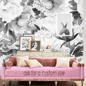 Large Peony Wallpaper Black and White, Floral Wallpaper Peel and Stick Peony Flower Mural Wallpaper, Vintage Peony Watercolor Wallpaper #205