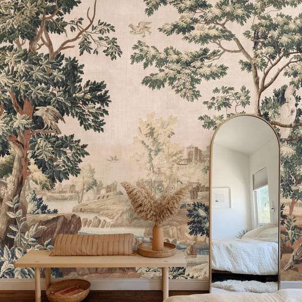 French Vintage Mural Tapestry Wallpaper, Removable Peel and Stick Prepasted, Regency Style Decor, Calm Green and Beige Accent Wall Wallpaper