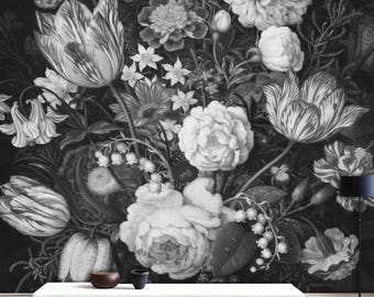 Black and White Vintage Floral Wallpaper Dark Mural, Removable Peel and Stick Prepasted, Whimsigoth Decor, Moody Wallpaper Studio Apartment