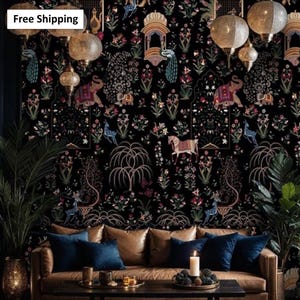 Dark Mughal Wallpaper with Embroidery Flowers and Oriental Elements, Whimsy Gardens of Jaipur Mural, Traditional Indian Pattern Wall Art