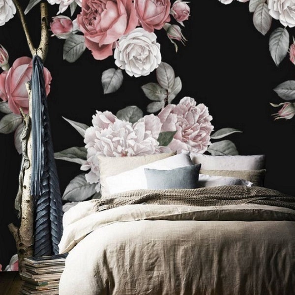 Pink Peony Wallpaper Wall Mural Removable, Wallpaper Peel & Stick Mural, Dark Floral Wallpaper Self Adhesive, Peel and Stick Wall Paper #112