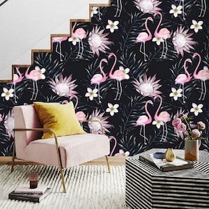 Rosa Flamingo Tapete, Schwarze Palmen Tapete, Dunkle Floral Tropische Tapete, Vogel Abnehmbare Tapete, Boho Wandbild Schälen und Stick #44