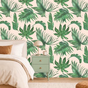 Peel and Stick Banana Leaf Green and Pink Tropical Wallpaper on Etsy
