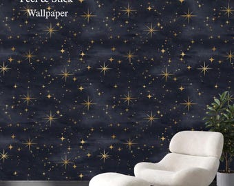 Star Wallpaper Mural Navy Blue Gold, Removable Peel and Stick Prepasted, Celestial Decor, Dark Night Sky Wallpaper Ceiling Witchy Apothecary