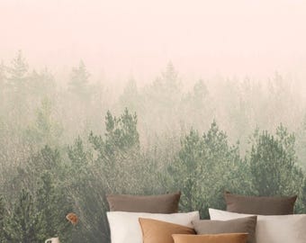 Pink and Green Hazy Vintage Forest Wallpaper, Removable Peel and Stick Prepasted, Scandinavian Decor, Misty Pines Photo Mural for Entryway