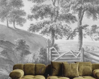 Anthrazit Landschaftszeichnung Tapetenwandbild, abnehmbares Schälen und Stick vorgeklebtes, Vintage französisches Landhausdekor, modernes viktorianisches Esszimmer