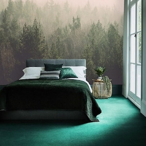 Misty Forest Self Adhesive Wallpaper Peel & Stick, Mural Removable Wallpaper Forest, Wall Mural Bedroom Wall Paper Tree Temporary Decal #96