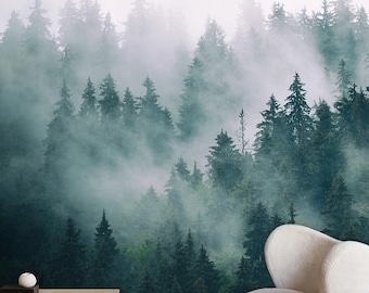 Foggy Pine Tree Forest Mural Green Landscape, Removable Peel and Stick Prepasted, Goblincore Decor, Dark Woods Wallpaper for Cozy Bedroom