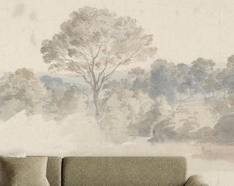 Muted Watercolor Landscape Trees Wall Mural Vintage, Removable Peel and Stick Prepasted, Classic Decor, Panoramic Wallpaper for Dining Room