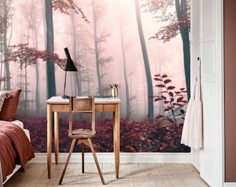 Red Colored Misty Forest Wallpaper Mural, Landscape Nature Forest Removable Wallpaper Peel and Stick, Nursery Tree Mural Wall Paper #177