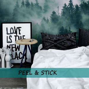 Evergreen Trees Wallpaper, Foggy Forest Mural Wallpaper Peel and Stick, Pines Forest Landscape Wallpaper, Renters Wallpaper Green #135