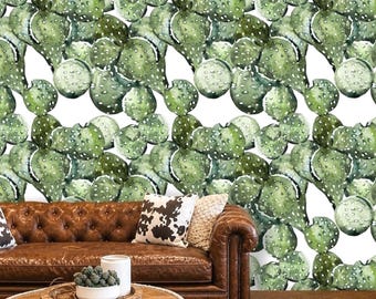 Prickly Pear Cactus Wallpaper Green, Removable Peel and Stick Prepasted, Boho Southwest Decor, Desert Plants Wallpaper for Classroom