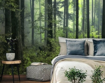 Dark Green Misty Forest Wall Mural Wallpaper, Peel and Stick Forest Wallpaper, Tree Forest Landscape Wallpaper in size 164" wide x 108" high