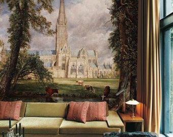 Salisbury Cathedral Wall Mural, English Garden Wallpaper, Scene Wallpaper, Green Landscape, Vintage Decor, Panoramique, Scenic Painting #237