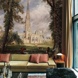 Salisbury Cathedral Wall Mural, English Garden Wallpaper, Scene Wallpaper, Green Landscape, Vintage Decor, Panoramique, Scenic Painting #237