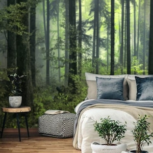 Dark Green Misty Forest Wall Mural Wallpaper, Peel and Stick Forest Wallpaper, Tree Forest Landscape Wallpaper in size 164" wide x 108" high