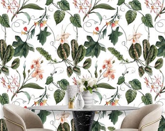 Blush Pink Floral Vine Wallpaper White Background, Removable Peel and Stick Prepasted, Green Nature Decor, Large Leaf Wallpaper for Mudroom