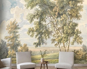 Large Watercolor Landscape Painting Wallpaper, Vintage Pastoral Mural with Green Trees, Hills and Sheep, Antique English Countryside Decor