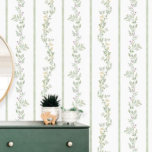 Vertical Striped Floral Wallpaper Sage Green, Removable Peel and Stick Prepasted, Vintage Cottagecore Decor, Boho Wildflower Wallpaper Hall