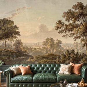 Vintage English Countryside Wall Mural, European Landscape Wallpaper, Peel and Stick or Vinyl, Traditional Cottage Decor, Custom Size