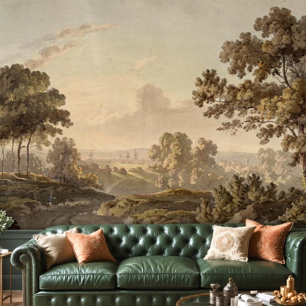 Vintage English Countryside Wall Mural, European Landscape Wallpaper, Peel and Stick or Vinyl, Traditional Cottage Decor, Custom Size