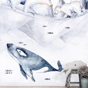 Mom and Baby Polar Bear Wallpaper Mural, Removable Peel and Stick Prepasted, Arctic North Iceberg Decor, Bowhead Whale Wallpaper Kids Room