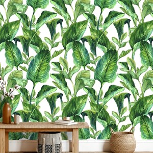 Banana Leaf Wallpaper Peel and Stick, Green Botanical Tropical Wallpaper, Removable Self Adhesive Wall Mural, Boho Modern Home Decor