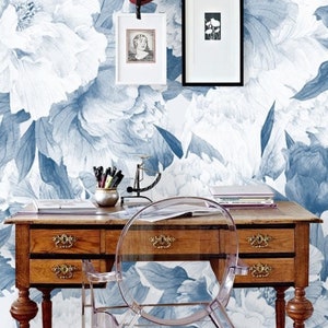 Carta da parati Blue Peony, carta da parati Peel and Stick blu, carta da parati Retro Flower, carta da parati Renters blu navy, carta da parati estetica per camera da letto #232