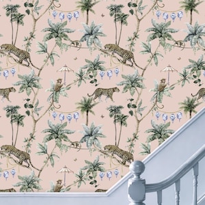 Pink Jungle Leopard Wallpaper, Peel and Stick, Removable Chinoiserie Monkey Wallpaper, Tropical Maximalist Wall Decor
