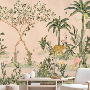 Pink Vintage Chinoiserie Jungle Wallpaper, Tropical Scenic Wall Mural, Peel and Stick or Vinyl, Flamingo & Monkey Wall Decor, Custom Size