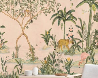 Pink Chinoiserie Jungle Wallpaper Mural, Vintage Scenic Tropical Wallpaper, Flamingo Monkey Panther Wall Mural, Peel and Stick Wallpaper