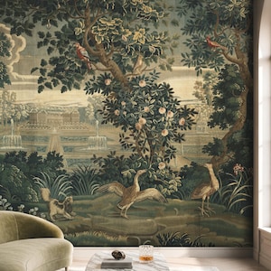 May include: A wall mural featuring a detailed landscape scene with lush green trees, blooming flowers, and various birds perched on branches. The foreground displays a small dog, a bird with wings spread, and a long-legged bird near fountains.