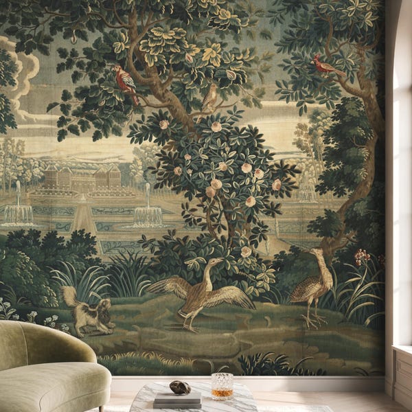 Antique French Verdure Wallpaper Mural, Removable Peel and Stick Prepasted, Vintage Forestcore Decor, Botanical Garden with Birds Wallpaper