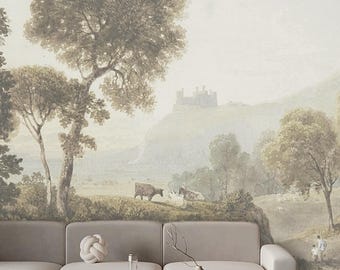 Muted Landscape Wallpaper, Pastoral Scenery Wallpaper, Neutral Vintage Wallpaper, Moody Country Painting, Dawn in the Valley Mural Wallpaper