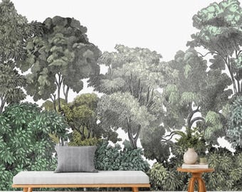 Green Tree Wallpaper Mural, Removable Peel and Stick Prepasted, Modern Natural Decor, Vintage Woodland Toile Wallpaper for Cozy Living Room