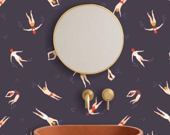 Tiny People Swimming Wallpaper Navy, Removable Peel and Stick Prepasted, Sea Ocean Decor, Beach Vibes Wallpaper for Modern Retro Bathroom