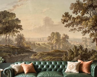 Mural de pared con paisaje campestre inglés vintage, papel pintado de paisaje europeo, autoadhesivo o de vinilo, decoración tradicional de casa de campo, tamaño personalizado.