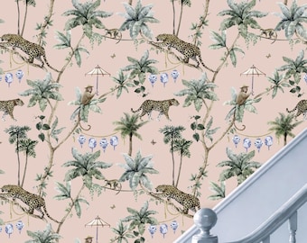 Pink Jungle Leopard Wallpaper, Peel and Stick, Removable Chinoiserie Monkey Wallpaper, Tropical Maximalist Wall Decor