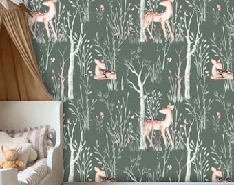Groen bos herten behang, verwijderbare peel and stick voorgelijmd, bos dieren kinderkamer decor, natuurlijk aquarel behang voor babymeisje