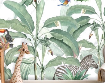Tropisch bos aquarel behang zebra toekan muurschildering, verwijderbare peel and stick voorgelijmd, jungle klas decor, safari dieren behang