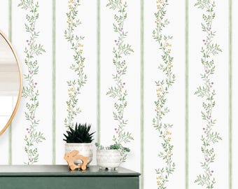 Vertikal gestreifte Blumentapete Salbeigrün, Abnehmbares Schälen und Vorkleben, Vintage Cottagecore-Dekor, Boho-Wildblumen-Tapeten-Hall