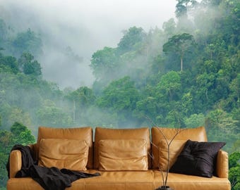 Misty Rainforest Wallpaper Mural Green, Removable Peel and Stick Prepasted, Boho Jungle Decor, Tropical Forest Wallpaper for Living Room