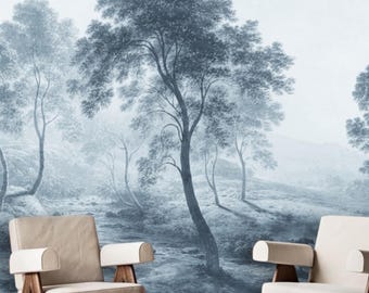 Dusty Blue Tall Trees Wall Mural Landscape, Removable Peel and Stick Prepasted, Moody Blue Decor, Scenic Pastures Wallpaper Master Bedroom